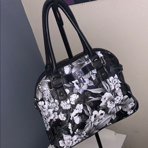 Black and White Floral Print Silver Lock Satchel